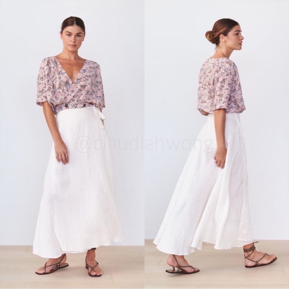 ACACIA Belle 100% Linen Wrap Maxi Skirt in Ivory White